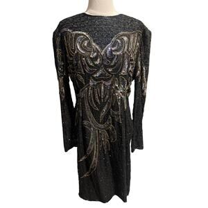 Vintage 80/90s Leslie Fay Evenings Black Beaded Sequin Silk Dress Size 12